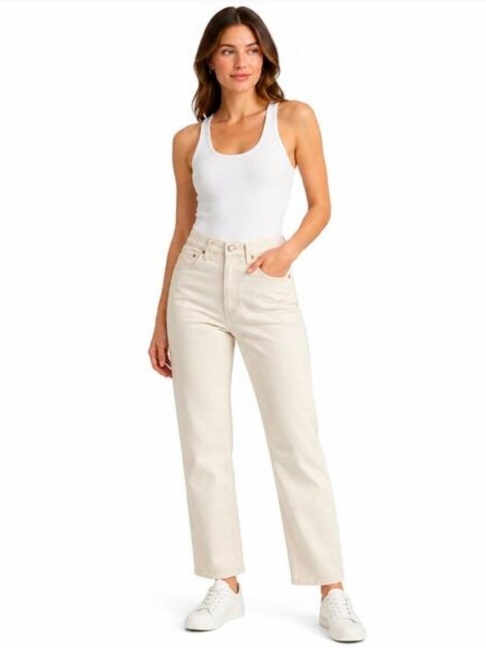 Buck Mason High-Rise Straight Jeans in Cream size 28